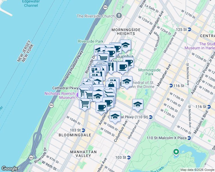 map of restaurants, bars, coffee shops, grocery stores, and more near 529 West 111th Street in New York