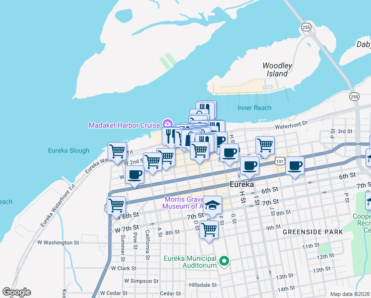 map of restaurants, bars, coffee shops, grocery stores, and more near 104 D Street in Eureka