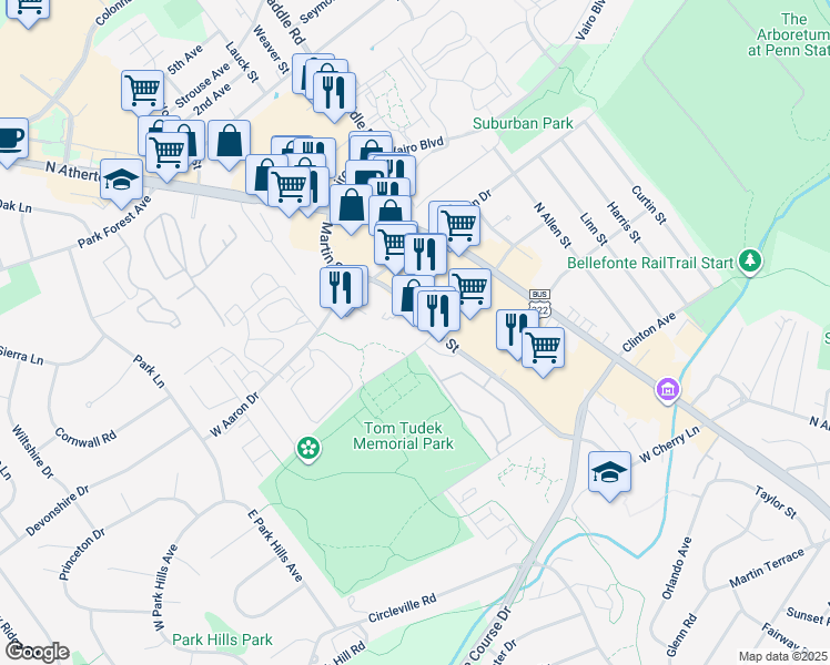 map of restaurants, bars, coffee shops, grocery stores, and more near 542-696 Martin Street in State College