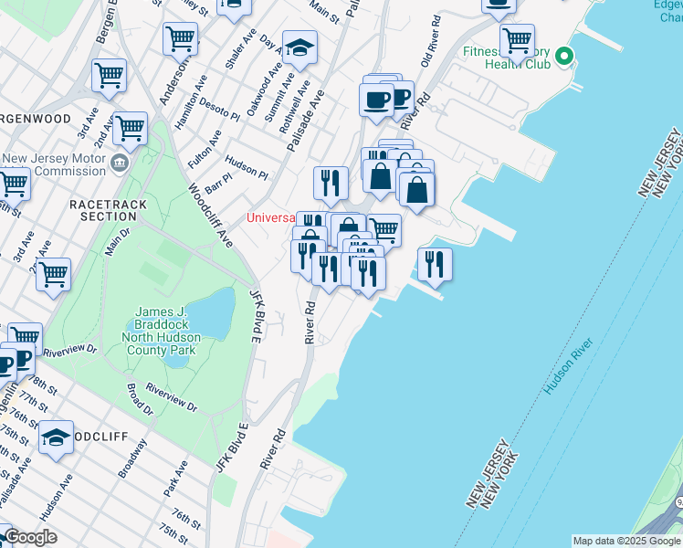 map of restaurants, bars, coffee shops, grocery stores, and more near 75 River Road in Edgewater