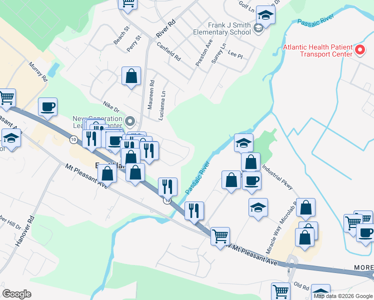 map of restaurants, bars, coffee shops, grocery stores, and more near 104 Castle Ridge Drive in East Hanover