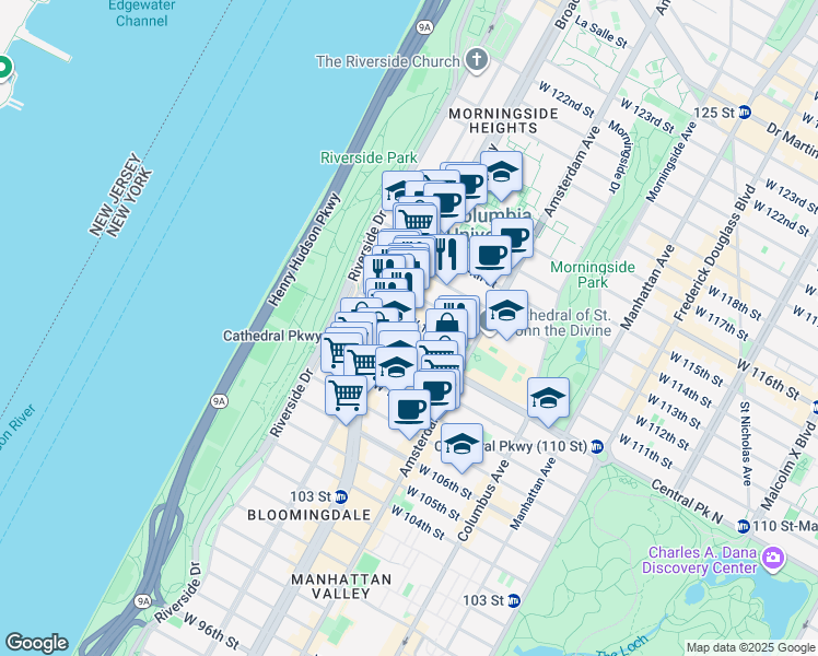 map of restaurants, bars, coffee shops, grocery stores, and more near 535 West 111th Street in New York