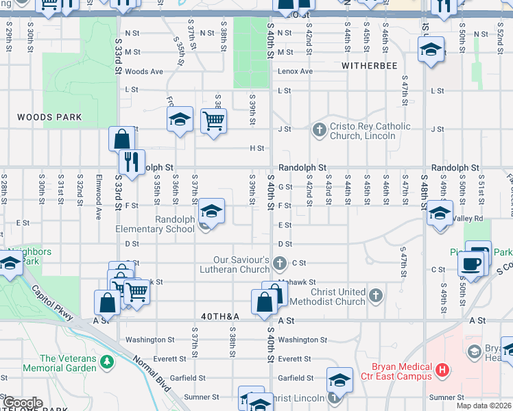 map of restaurants, bars, coffee shops, grocery stores, and more near 902 South 39th Street in Lincoln