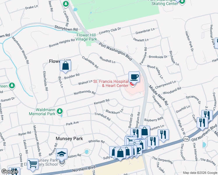 map of restaurants, bars, coffee shops, grocery stores, and more near 14 Elm Lane in Manhasset
