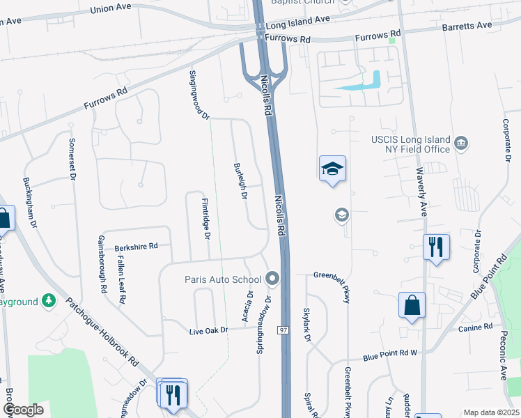 map of restaurants, bars, coffee shops, grocery stores, and more near 178 Singingwood Drive in Holbrook