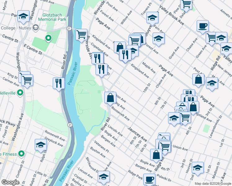 map of restaurants, bars, coffee shops, grocery stores, and more near 321 Wilson Avenue in Lyndhurst