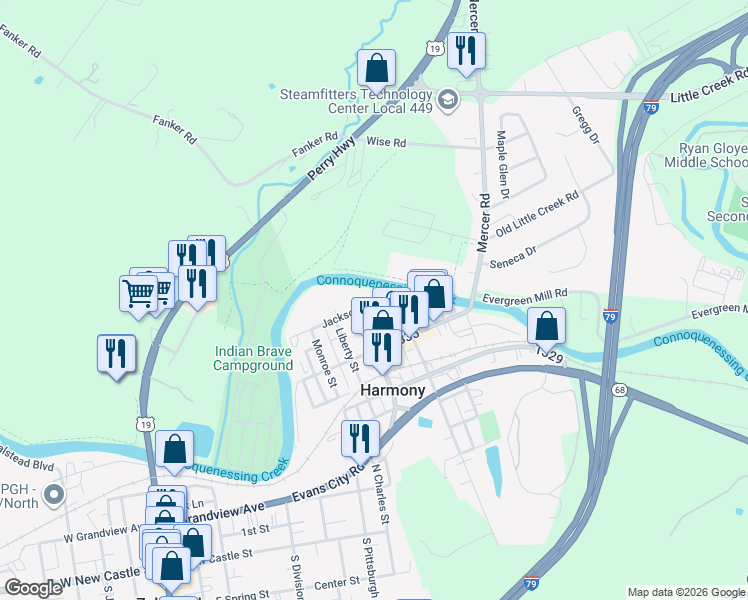 map of restaurants, bars, coffee shops, grocery stores, and more near 139 Jackson Street in Harmony