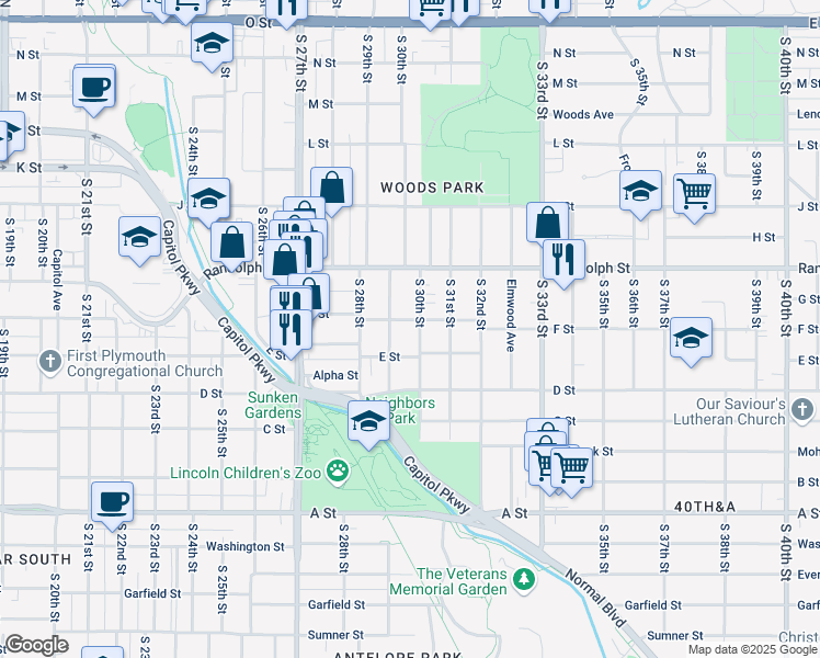 map of restaurants, bars, coffee shops, grocery stores, and more near 2929 F St in Lincoln
