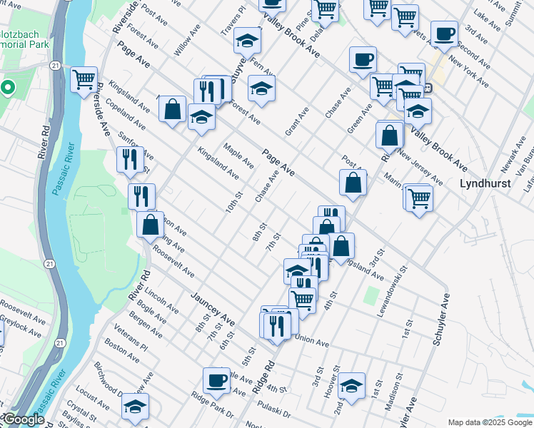 map of restaurants, bars, coffee shops, grocery stores, and more near 611 8th Street in Lyndhurst