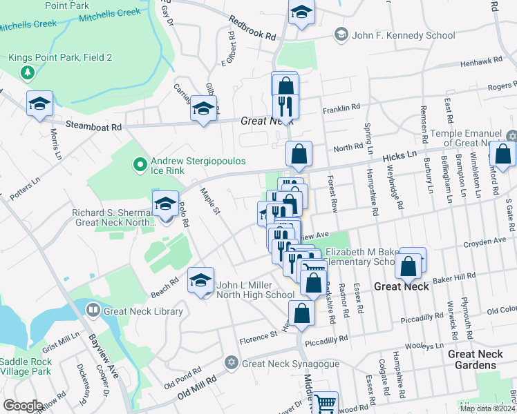 map of restaurants, bars, coffee shops, grocery stores, and more near 7 Willow Lane in Great Neck