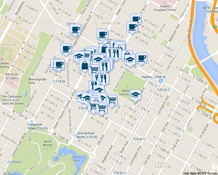 map of restaurants, bars, coffee shops, grocery stores, and more near 19 West 120th Street in New York