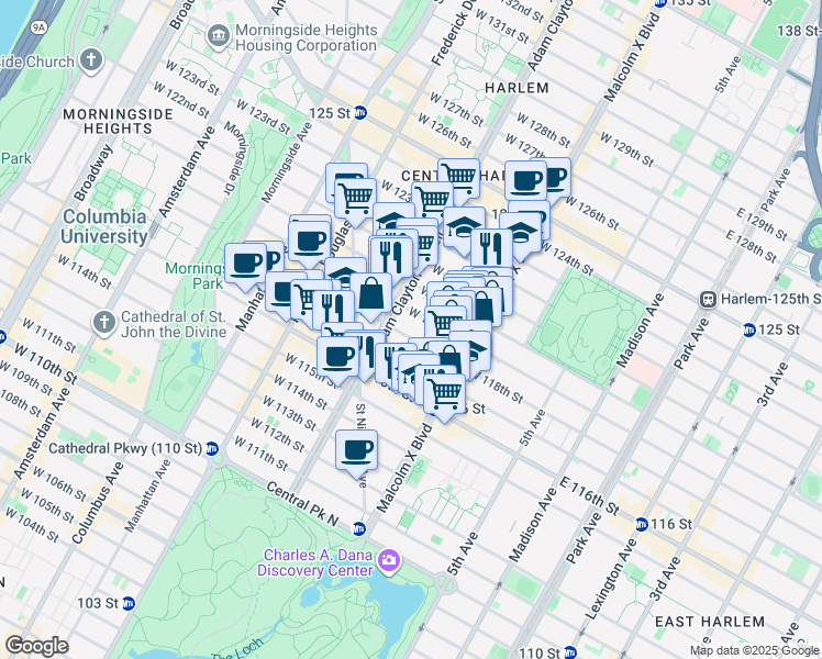 map of restaurants, bars, coffee shops, grocery stores, and more near 136 West 119th Street in New York