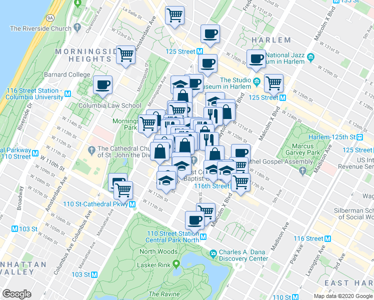 map of restaurants, bars, coffee shops, grocery stores, and more near 141 Saint Nicholas Avenue in New York