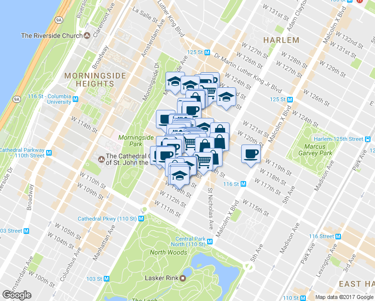 map of restaurants, bars, coffee shops, grocery stores, and more near 251 West 116th Street in New York