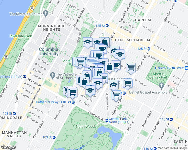 map of restaurants, bars, coffee shops, grocery stores, and more near 251 West 116th Street in New York