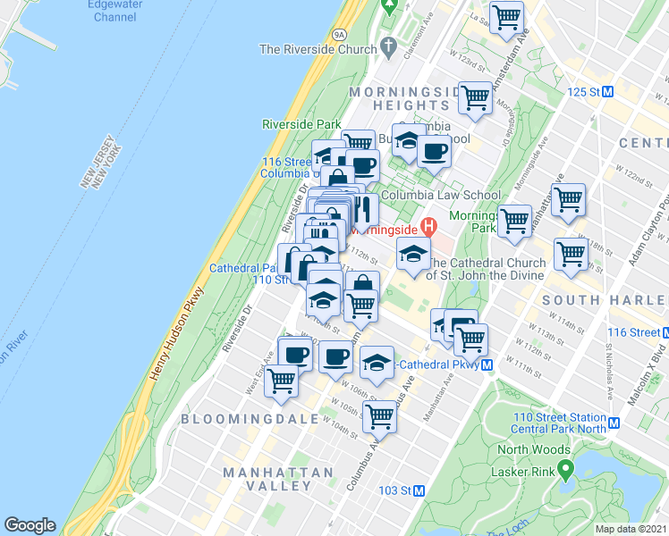 map of restaurants, bars, coffee shops, grocery stores, and more near 535 West 111th Street in New York