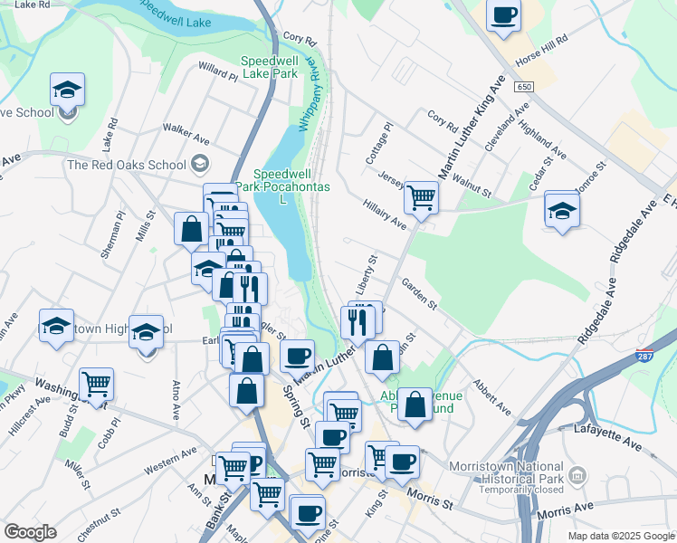 map of restaurants, bars, coffee shops, grocery stores, and more near 40 Willow Street in Morristown