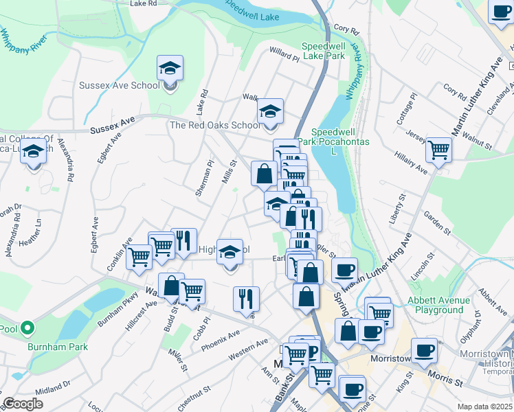 map of restaurants, bars, coffee shops, grocery stores, and more near 20 Cleveland Street in Morristown