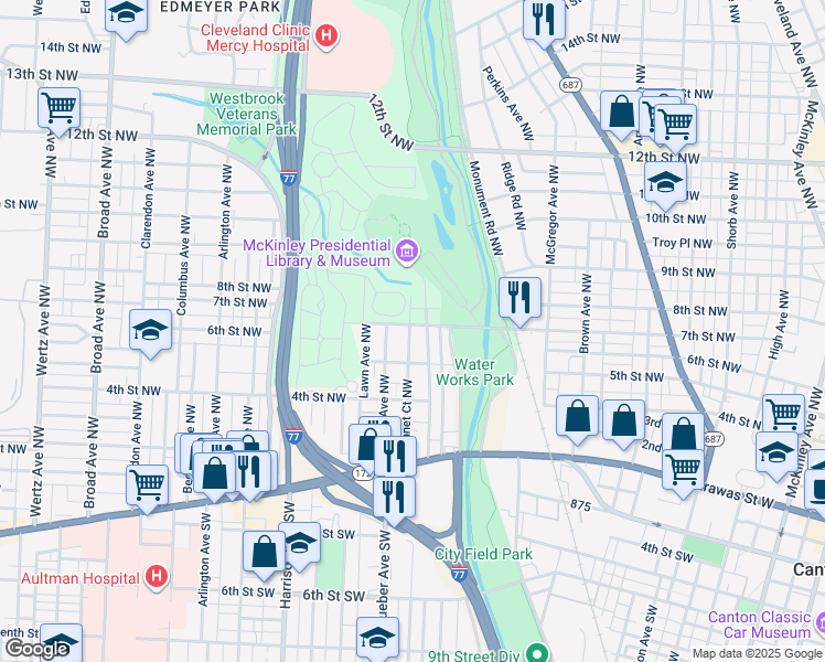 map of restaurants, bars, coffee shops, grocery stores, and more near 1800 7th Street Northwest in Canton