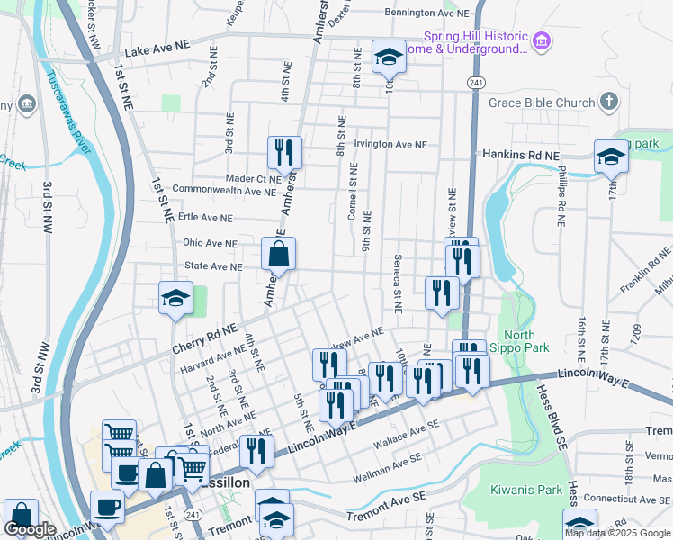 map of restaurants, bars, coffee shops, grocery stores, and more near 808 State Avenue Northeast in Massillon