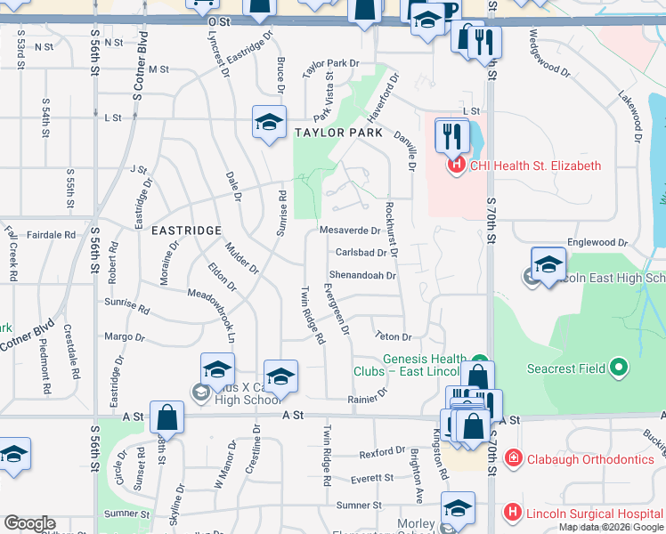 map of restaurants, bars, coffee shops, grocery stores, and more near 941 Evergreen Drive in Lincoln