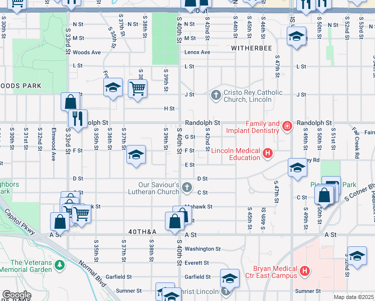 map of restaurants, bars, coffee shops, grocery stores, and more near 940 South 40th Street in Lincoln