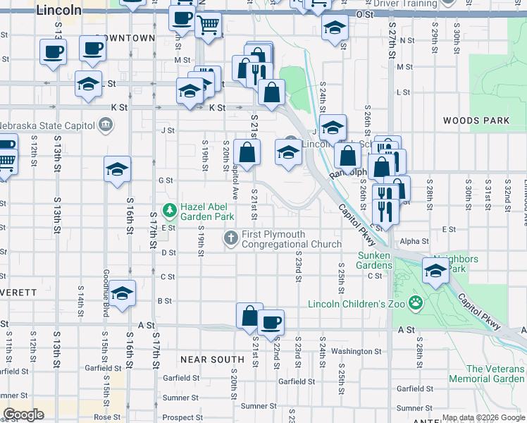map of restaurants, bars, coffee shops, grocery stores, and more near 2125 F Street in Lincoln
