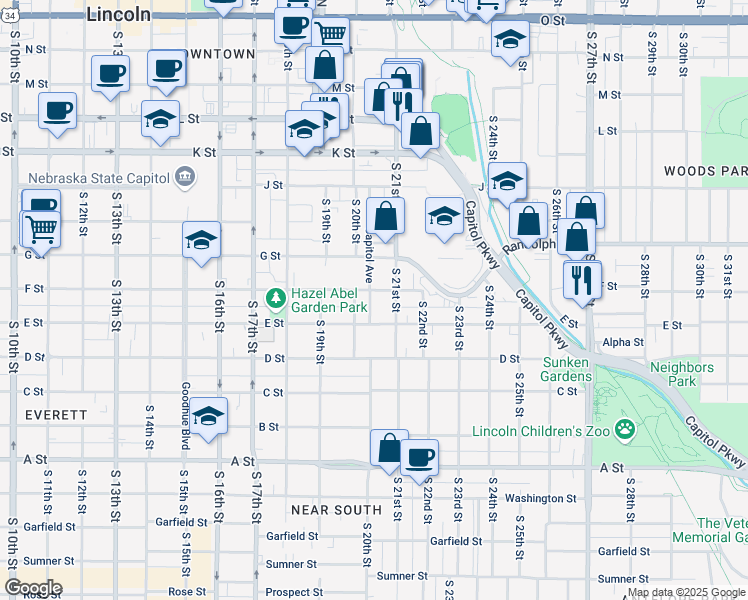 map of restaurants, bars, coffee shops, grocery stores, and more near 2031 F Street in Lincoln