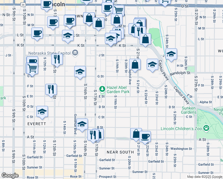 map of restaurants, bars, coffee shops, grocery stores, and more near 1827 F Street in Lincoln