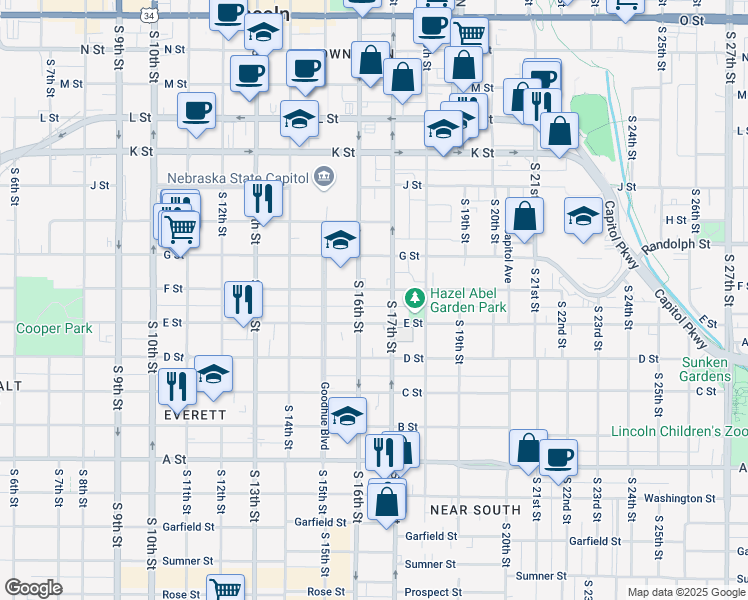 map of restaurants, bars, coffee shops, grocery stores, and more near 1617 F Street in Lincoln