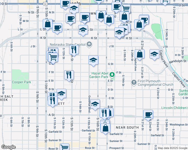 map of restaurants, bars, coffee shops, grocery stores, and more near 1519 F Street in Lincoln