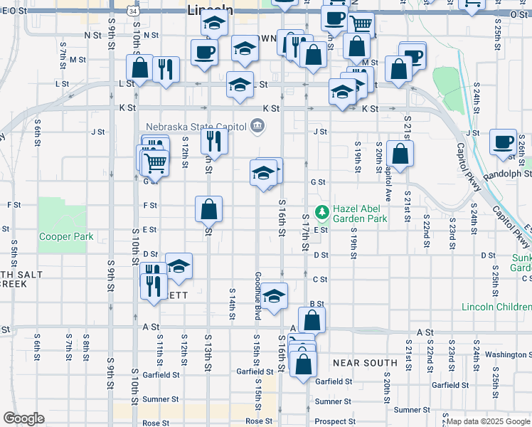 map of restaurants, bars, coffee shops, grocery stores, and more near 1519 F Street in Lincoln