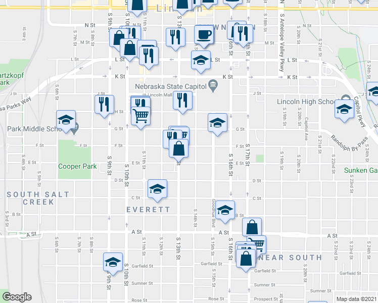 map of restaurants, bars, coffee shops, grocery stores, and more near 1315 F Street in Lincoln