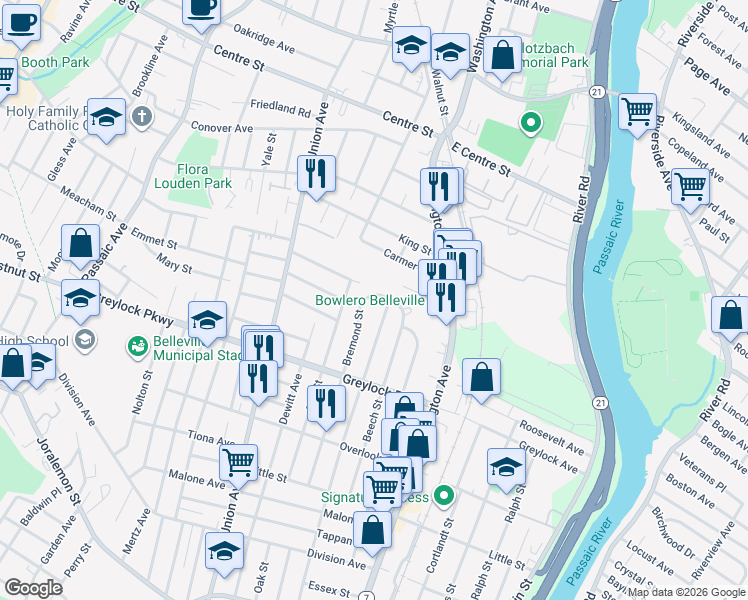 map of restaurants, bars, coffee shops, grocery stores, and more near 188 Bremond Street in Belleville