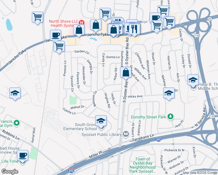 map of restaurants, bars, coffee shops, grocery stores, and more near 31 Belmont Circle in Syosset