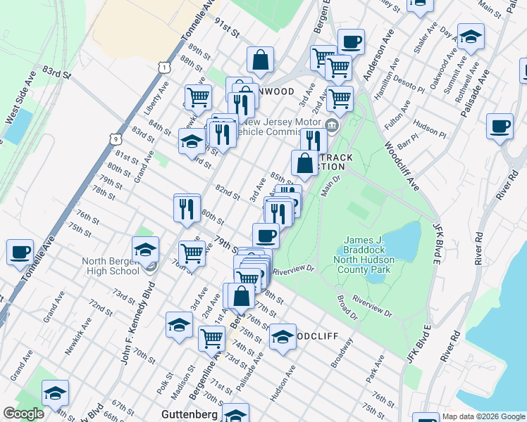 map of restaurants, bars, coffee shops, grocery stores, and more near 2nd Avenue in North Bergen