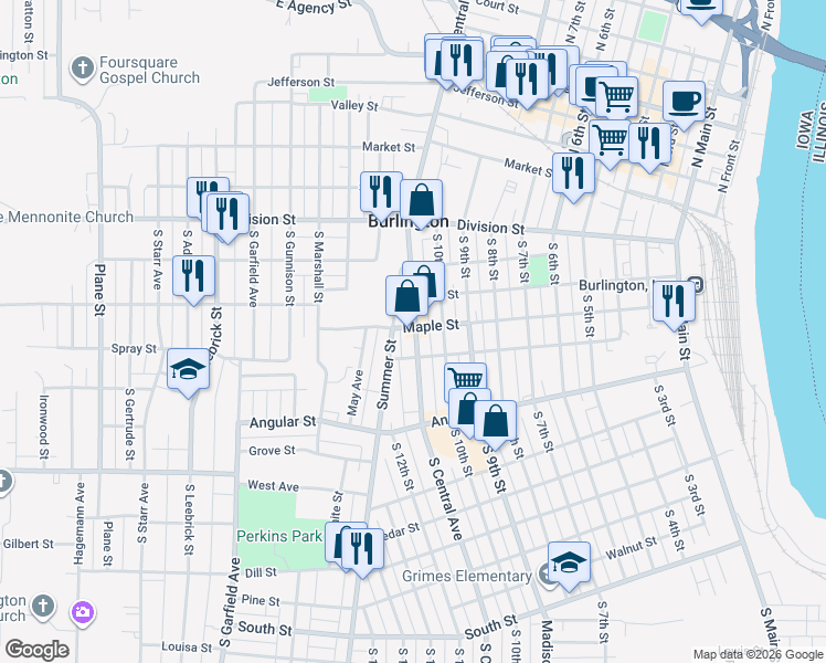 map of restaurants, bars, coffee shops, grocery stores, and more near 1101 Maple Street in Burlington