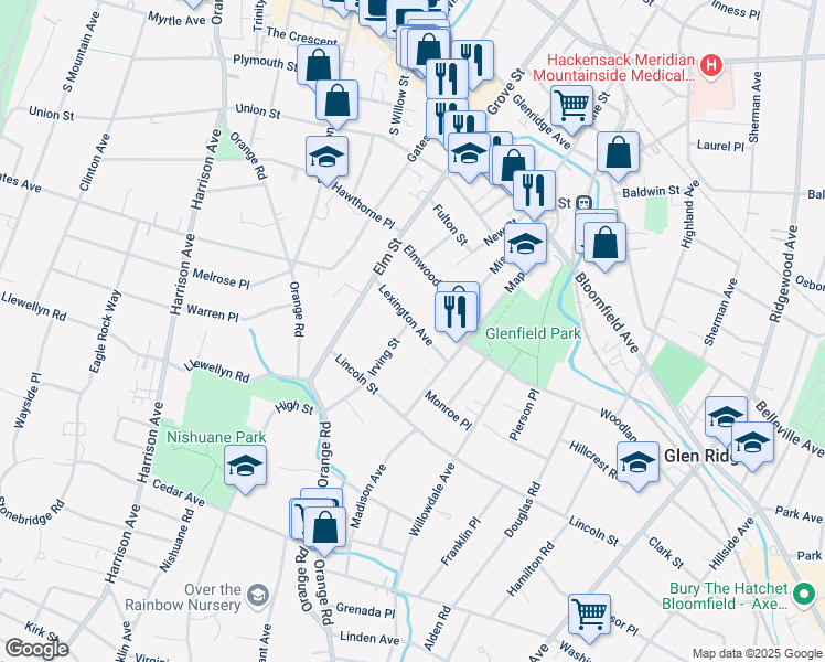 map of restaurants, bars, coffee shops, grocery stores, and more near 45 Irving Street in Montclair