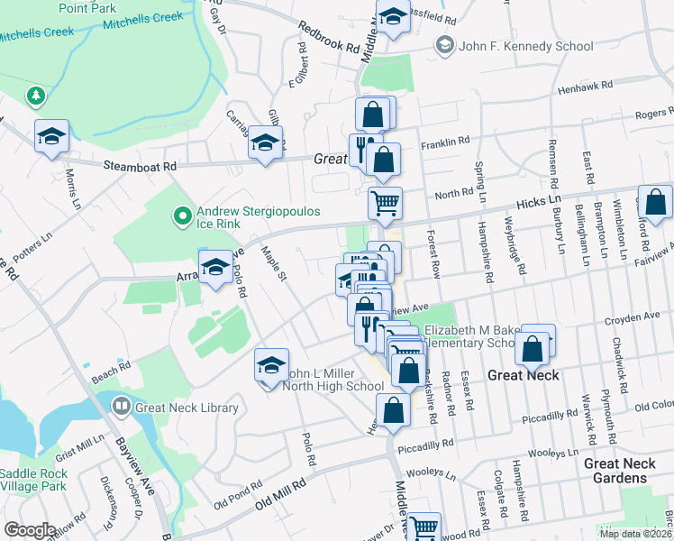 map of restaurants, bars, coffee shops, grocery stores, and more near 7 Willow Lane in Great Neck