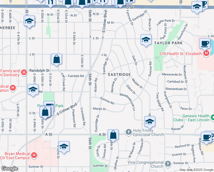 map of restaurants, bars, coffee shops, grocery stores, and more near 922 Eastridge Drive in Lincoln