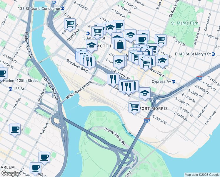 map of restaurants, bars, coffee shops, grocery stores, and more near 112 Bruckner Boulevard in Bronx
