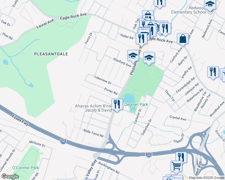 map of restaurants, bars, coffee shops, grocery stores, and more near 13 Porter Road in West Orange