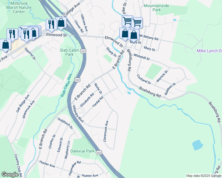 map of restaurants, bars, coffee shops, grocery stores, and more near 135 Oakwood Drive in State College