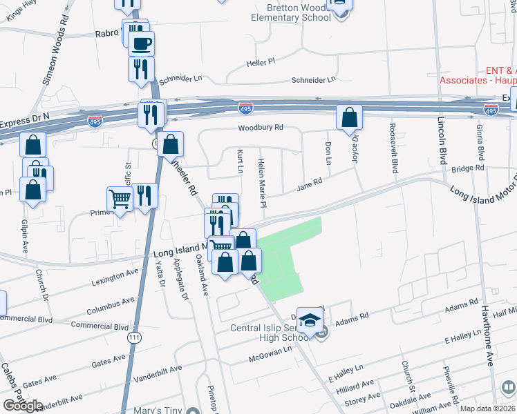 map of restaurants, bars, coffee shops, grocery stores, and more near 16 Helen Marie Place in Hauppauge