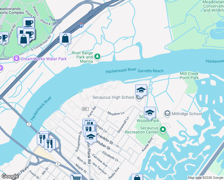 map of restaurants, bars, coffee shops, grocery stores, and more near 22 Acorn Road in Secaucus