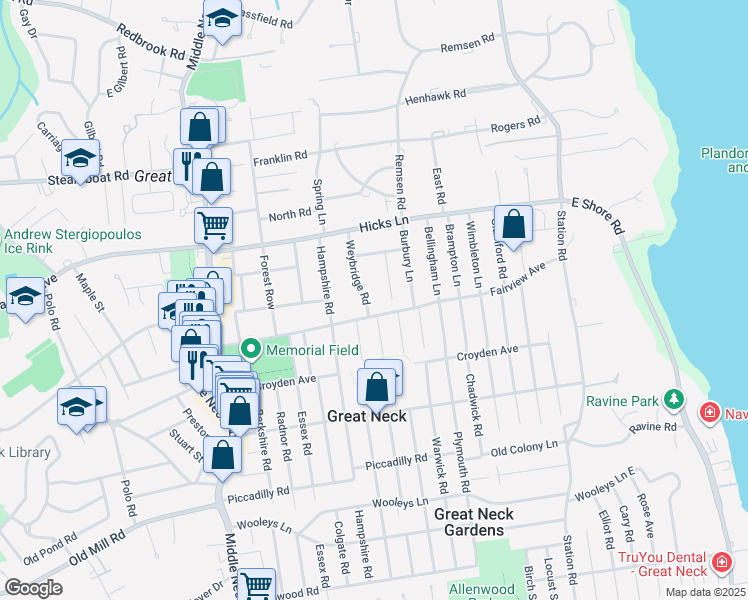 map of restaurants, bars, coffee shops, grocery stores, and more near 16 Weybridge Road in Great Neck