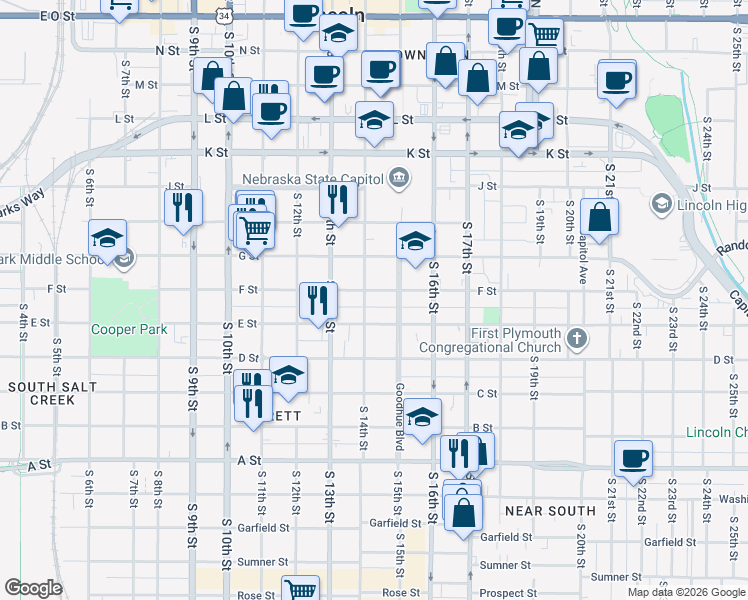 map of restaurants, bars, coffee shops, grocery stores, and more near 1409 F Street in Lincoln