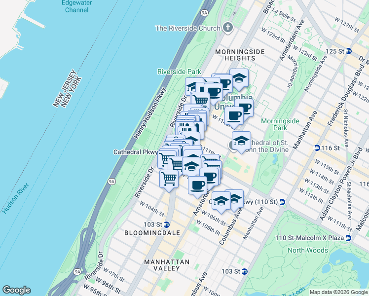 map of restaurants, bars, coffee shops, grocery stores, and more near 2845 Broadway in New York