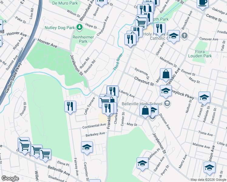 map of restaurants, bars, coffee shops, grocery stores, and more near 429 Franklin Avenue in Belleville