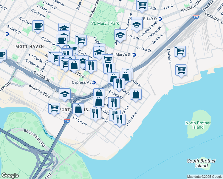 map of restaurants, bars, coffee shops, grocery stores, and more near 759 East 138th Street in Bronx